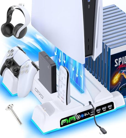PS5/Slim/Pro Stand and Cooling Station with LED Controller Charging Station for PlayStation 5 Console, Controller Charger, Cooling Stand, PS5/Slim/Pro Skin Accessories Kit with 3 Level Cooler Fan - color: All White