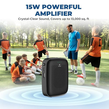 15W Wireless Voice Amplifier with Bluetooth Headset Microphone for Teachers | Portable Mini PA System, 2-in-1 Headset & Handheld Mic, 12H Battery, USB, Belt Clip, for Classroom, Training & Presentations