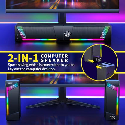 Computer Speakers, 2 in 1 PC Speaker , Gaming Speakers for PC Computer Laptop Desktop Monitor, RGB Speakers with Touch Sensitive Lighting, USB Powered 3.5mm Aux（Package Only Two Speaker, No Soundbar）