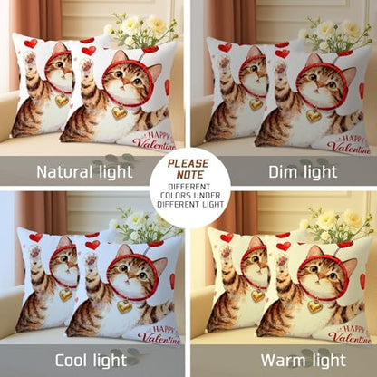 Cat Throw Pillow Covers Set of 2, Playful Fanciful Hearts Red Headband Valentine Red Soft Velvet Washable Square Pillow Cases for Living Room Bed Office Sofa Chair Decor 16x16 Inch - size: 16" x 16" (Pack of 2)