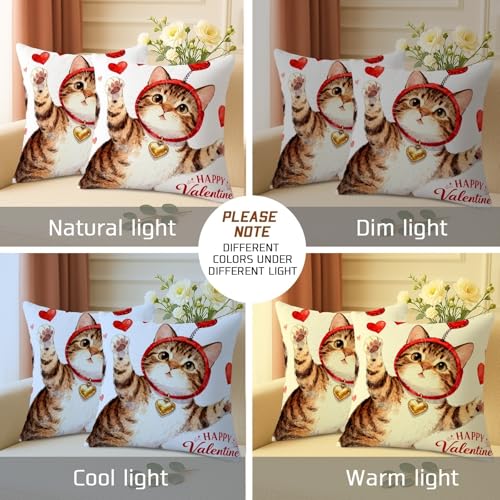 Cat Throw Pillow Covers Set of 2, Playful Fanciful Hearts Red Headband Valentine Red Soft Velvet Washable Accents Pillows Cases for Home Bedroom Living Room Sofa Couch Decor 18x18 Inch - size: 18" x 18" (Pack of 2)