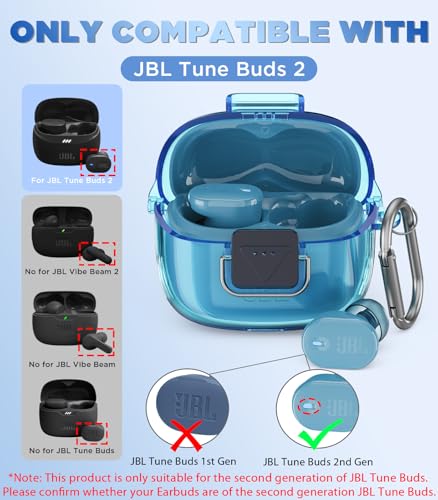 WADVCU[Upgrade Secure Lock] for JBL Tune Buds 2 Case Cover with Cleaner kit, Protective TPU Transparent Hard Shell Compatible with JBL Tune Buds 2nd Gen Earbuds Charging Case with Keychain(Clear Blue) - color: Clear Bule