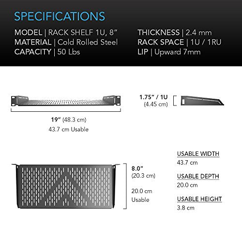 AC Infinity Vented Cantilever 1U Universal Rack Shelf, 8" Deep | Designed for 19” Equipment Racks. Heavy-Duty 2.4mm Cold Rolled Steel, 50lbs Capacity - size: 1RU 8" Deep