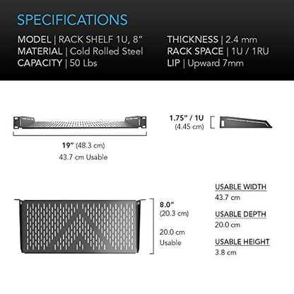AC Infinity Vented Cantilever 1U Universal Rack Shelf, 8" Deep | Designed for 19” Equipment Racks. Heavy-Duty 2.4mm Cold Rolled Steel, 50lbs Capacity - size: 1RU 8" Deep