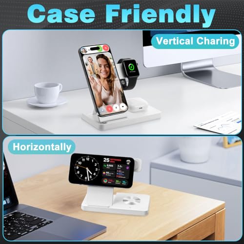 Magnetic 3 in 1 Charging Station for Multiple Devices,Mag-Safe Wireless Charger for iWatch & Airpods Pro 3 2, Foldable Charging Stand Dock for iPhone 12-16 Series with Adapter(White)