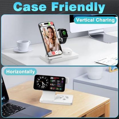 Magnetic 3 in 1 Charging Station for Multiple Devices,Mag-Safe Wireless Charger for iWatch & Airpods Pro 3 2, Foldable Charging Stand Dock for iPhone 12-16 Series with Adapter(White)