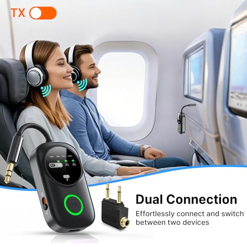 Bluetooth 5.4 Transmitter Receiver for 2 AirPods/Headphones, 2-in-1 Wireless Adapter with Microphone, Audio Adapter with 3.5mm Audio Jack, Suitable for Airplane, Car, TV, PC, Home Stereo - color: Black