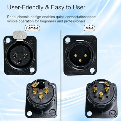 RIVIERA XLR Panel Mount Chassis 3pin Male & Female Nickel Plated Metal Housing and 24K Gold-Plated Contacts (5 Male + 5 Female Black) - color: Black, size: Male+Female