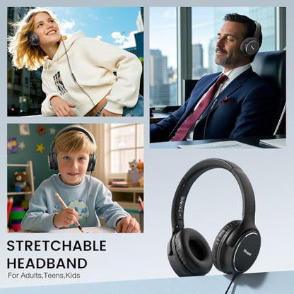 USB C Wired Over-Ear Headphones with Microphone | Volume Control, Share Port, Adjustable Headband Foldable Stereo Headset for Adult/Teens for iPhone 16, Laptop, Gaming, Travel - color: Black