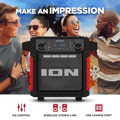 ION Tailgater Classic Portable Bluetooth Outdoor Speaker, Red | Water Resistant, Rechargeable Battery, Radio, USB Charging, Stereo Linking, App Control, for Parties and Outdoor Events - style: Tailgater Classic - Red