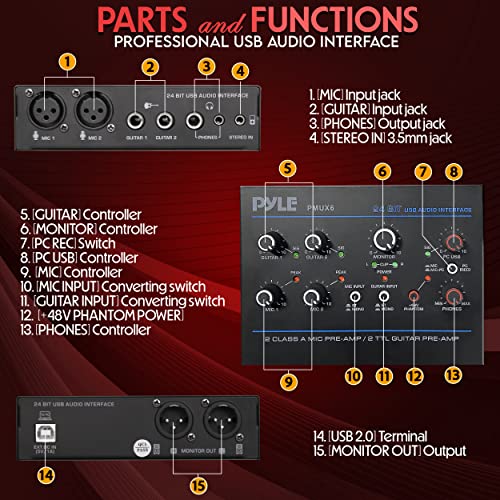 Pyle Professional USB Audio Interface with MIC, Guitar, AUX Stereo Inputs, Phone/Monitor Outputs, Ideal for Computer Playing & Recording, Compact Rugged Metal Housing - PMUX6 - style: Interface Basic