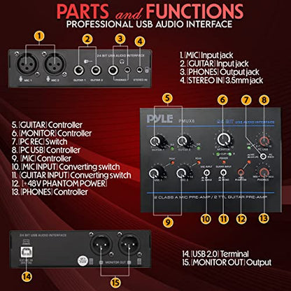 Pyle Professional USB Audio Interface with MIC, Guitar, AUX Stereo Inputs, Phone/Monitor Outputs, Ideal for Computer Playing & Recording, Compact Rugged Metal Housing - PMUX6 - style: Interface Basic