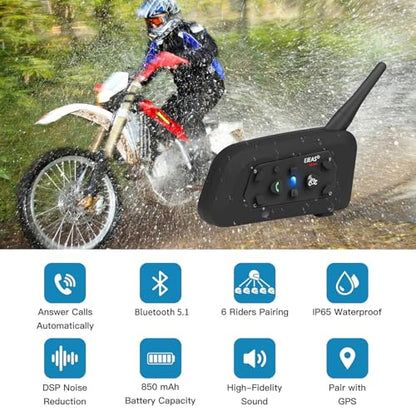 EJEAS V6 Pro Motorcycle Helmet Bluetooth Intercom, 2-Way 1200M Motorcycle Bluetooth Headset Universal Communication System with Noise Cancellation and Waterproof for Dirt Bike/ATV/Snowmobile (2PCS) - size: V6-2