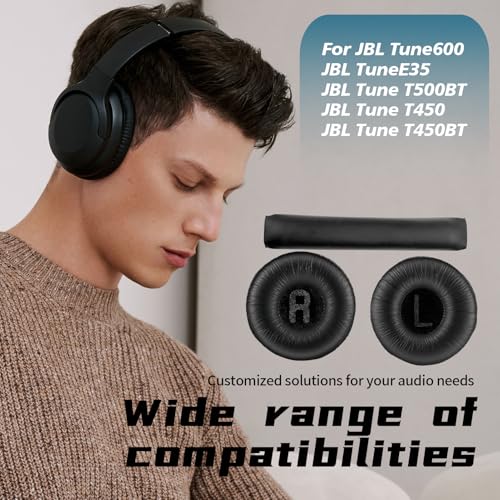 1 Pair Ear Pads and 1 Headband, Earpads Replacement Cushions for JBL Tune600 T500BT T450 T450BT JR300BT JR310BT Headphones (Not Suitable for Tune 600btnc) with Memory Foam, Soft Protein Leather - color: pads and headband - Black