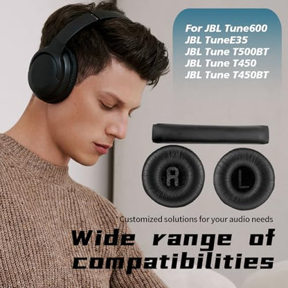 1 Pair Ear Pads and 1 Headband, Earpads Replacement Cushions for JBL Tune600 T500BT T450 T450BT JR300BT JR310BT Headphones (Not Suitable for Tune 600btnc) with Memory Foam, Soft Protein Leather - color: pads and headband - Black