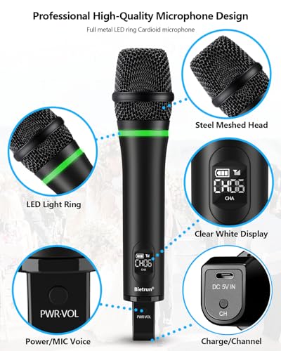 Bietrun Wireless Microphone Rechargeable, 168FT Range Bluetooth Microphone Wireless (Work 7 hrs) with 1/4'' Output, UHF Metal Handheld Dynamic Mic for Karaoke Machine/PA System/Speaker/Church/Wedding