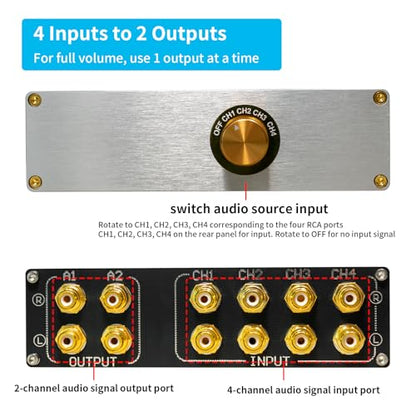 Hi-Fi Passive RCA Stereo Audio Switch Box 4 in 2 Out with Gold Jacks | Connect 4 devices IN to 2 OUT. Gold-plated jacks for pure sound. Solid aluminum case, no power supply. Perfect for Hi-Fi.