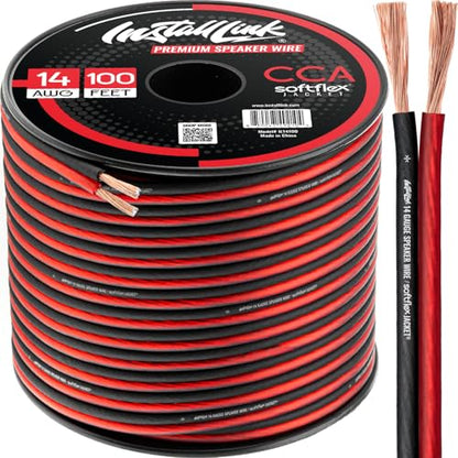 Install Link 14 AWG Gauge Speaker Wire (100 Feet) Car or Home Theater (CCA) | 14/2 Speaker Cable, 2-Conductor, Frosted Red/Black, Easy Strip, Polarity ID, for Car Audio & Home Stereo - size: 100 Feet