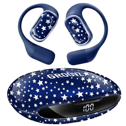 Groovz Open-Ear Plus True Wireless Headphones with Battery Display - Designed & Engineered in the USA - Multi-Point Pairing Bluetooth Open Ear Earbuds Compatible w/Apple & Android - Blue Starry Night - color: Blue Starry Night