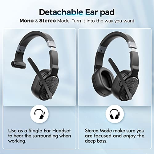 COSMUSIS Trucker Bluetooth Headset, Wireless Headset with Mic for Work | Trucker Headset with Noise Cancelling Headphones, Long Battery Life Bluetooth Headphones with Detachable Earpad for Driving - color: Black