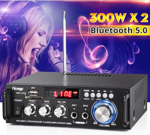 Bluetooth Stereo Receiver Home Audio Amplifier HiFi 600W Home Theater System Speaker Amplifier, 2 Channels, LCD Display, Portable FM Radio, SD Card/USB Input, 12V-220V for Home or Car Use