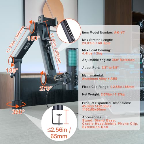 VEVOR Microphone Boom Arm, Adjustable Mic Stand with Cable Management, Desk Mount Clamp, Detachable Extension Rod, 3/8" to 5/8" Adapter, for Recording Studio Streaming Gaming Blue Yeti SM7B Audio - style: Mic Boom Arm + Extension Rod
