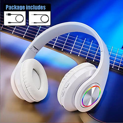 Kids Bluetooth Over Ear Headphones with LED Lights, White | Built-in Mic, Bluetooth 5.0, Wired and Wireless Foldable Stereo Headphones for Classroom, Office, Tablet, Airplane,Travel - color: White