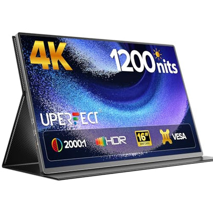 UPERFECT Portable Monitor 4K 16" 1200 Nits, 145% sRGB Laptop Monitor | 3840*2400 UHD, 2000:1 Contrast, USB-C & MINI HDMI, VESA & Smart Case, Travel Screen for Computer, PC, Game Consoles - size: 16
