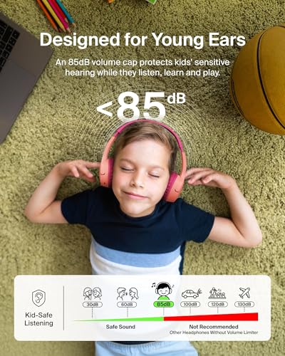 Belkin SoundForm Mini Bluetooth Kids Headphones with Case, 30H Battery Life | Toddler headphones, carrying case included, 85dB volume limiter, built-in mic, iPad, Android tablet, school - color: Pink, style: Wireless (USB-C) + Case