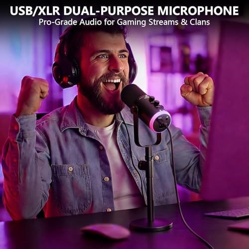 Podcast Microphone,USB/XLR Dynamic Mic,RGB Light,Mute‑Button,Stand,TX2