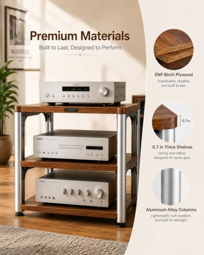 3-Tier HiFi Audio Rack, Adjustable AV Stand for Stereo Equipment | 110 lbs Per Shelf Open Cooling Design Metal Support Columns Rubber Feet Fits Amplifier, Receiver, Turntable & CD Player - size: 3-tier