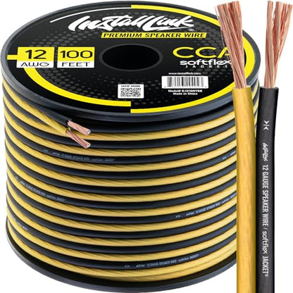 Install Link 12 AWG Gauge Speaker Wire (100 Feet) Car or Home Theater (CCA) | 12/2 Speaker Cable, 2-Conductor, Frosted Yellow/Black, Easy Strip, Polarity ID, for Car Audio & Home Stereo - color: Frosted Yellow/Black