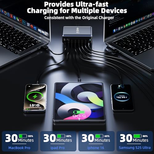 440W Fast Charging 8 Port USB C Charger Block, Multi-Device USB Charging Station Wall Desktop Charger with GaN Ⅲ Technology, USB-C Charger Adapter for MacBook/iPad/iPhone 16/Samsung Galaxy/DELL/HP - size: 440W
