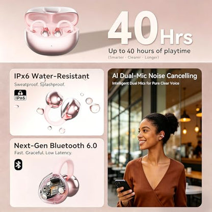 Clip-On Open Ear Earbuds for Women with Matching Bracelet, Bluetooth 6.0 Wireless Earbuds, Hi-Fi Stereo Sound, Lightweight Headphones for Small Ears, 40H Playtime, USB-C, Rose Gold,Pink - color: Rose gold