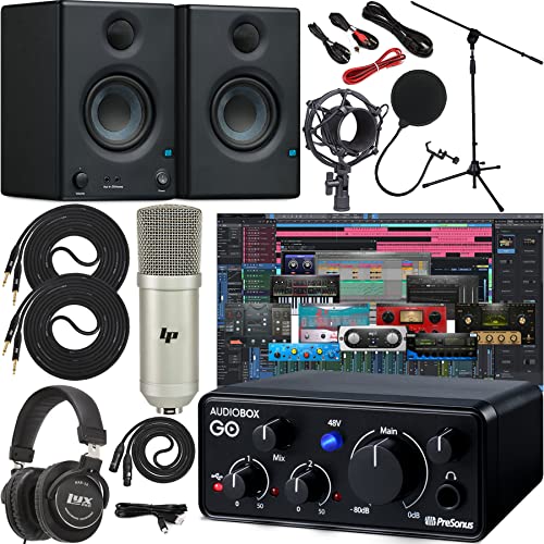Presonus AudioBox GO Mobile 2x2 USB Audio Recording Interface with Creative Software Kit and Studio Bundle and Eris E3.5 Pair Studio Monitors, Microphone Kit, Stand & 1/4 Instrument Cables