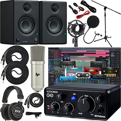 Presonus AudioBox GO Mobile 2x2 USB Audio Recording Interface with Creative Software Kit and Studio Bundle and Eris E3.5 Pair Studio Monitors, Microphone Kit, Stand & 1/4 Instrument Cables