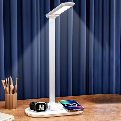 IHAO 3in1 Wireless Charging Eye-Care Desk Lamp 15W Fast Charging Station for Phone, Smartwatch & Earbuds, Touch Control Dimmable LED Light Adjustable Gooseneck, Modern Office Table Lamp-HYT2096 White - color: Table Lamp 3in1 wireless charger HYT2096 White