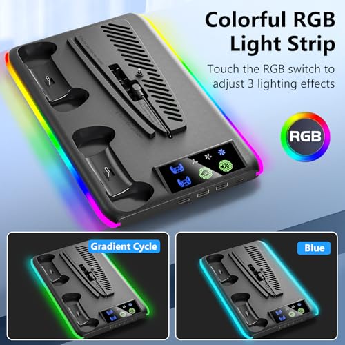 BRHE PS5/Slim/Pro Cooling & Charging Station with Cooling Fan,PS5/Slim/Pro Stand for Disc & Digital Console,PS5 Controller Charger,PS5 Accessories with 3 Charging Ports,Headset Holder - color: Black