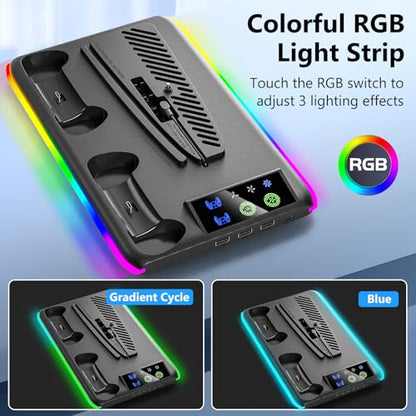 BRHE PS5/Slim/Pro Cooling & Charging Station with Cooling Fan,PS5/Slim/Pro Stand for Disc & Digital Console,PS5 Controller Charger,PS5 Accessories with 3 Charging Ports,Headset Holder - color: Black