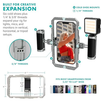 Movo iFilmer-PRO Smartphone Video Rig Kit – Stabilizer Cage with Dual Grips, Wireless Lavalier Microphones & Tripod for iPhone/Android