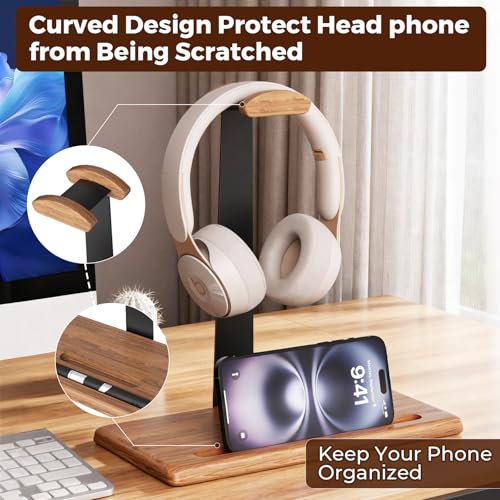 Walnut Headset Stand for Desk with Phone Holder | Headphone Stand Headphone Holder (Natural Wood)