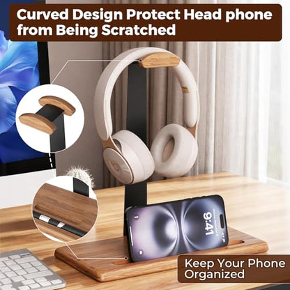 Walnut Headset Stand for Desk with Phone Holder | Headphone Stand Headphone Holder (Natural Wood)