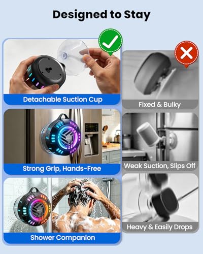 JTEMAN Shower Speaker Bluetooth Waterproof Portable,IPX7 Waterproof Outdoor Speaker with 7 LED Light Modes, Suction Cup & Carabiner, Floating Wireless Speaker for Pool, Beach, Kayak,Unisex Gifts