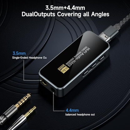HA03 USB C to Aux Headphone Amp DAC Dongle Dual CS43131 and CB5100 Chips, DAC Hi-Res Amplifier with 4.4MM and 3.5MM Dual Headphones Outputs Portable Balanced DAC for Smart/Laptop/PC/Music Players