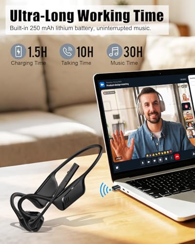 Open Ear Headphones with Mic, Bluetooth 5.1 Headset, aptX Low Latency | Air Conduction Headphone with Mute Button, Lightweight, USB A&C Dongle, Wireless Headset for Online Meeting/Call Center