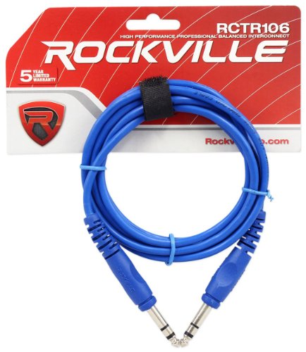 Rockville RCTR106 6' 1/4'' TRS to 1/4'' TRS Balanced Cable, 4-Pack | 2 Red & 2 Blue, 100% Copper Conductors, OFC Spiral Shield, Nickel-Plated 1/4" TRS Connectors, 4-Items