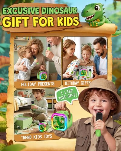 IROO Karaoke Machine for Kids Birthday Gifts for Girls Ages 4-12+ Years Old | 2026 Toys Ideas with 1-Month Karafun Premium, Mini Bluetooth Speaker With 2 Wireless Mics, MP3 Player for Family Home Party - color: Limited Edition Dinosaur