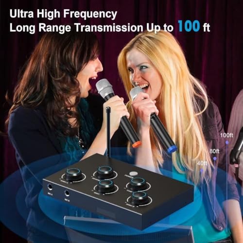 Wireless Karaoke Microphone System, Microphone Mixer Dual Handheld Wireless Microphones, HDMI & AUX in/Out, Optical Out, 100ft Range, Karaoke Mic for TV, Speakers, Singing, Church & Wedding-Black | Microphone Mixer, HDMI & AUX In/Out, Optical Out, 100ft R