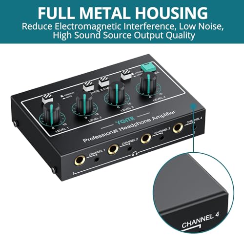 4 Channel Headphone Amplifier,Stereo Audio Amplifier Mixer with 3 Audio Inputs, Individual Mute & Volume Control, Mono/Stereo 1/4" & 1/8" TRS Output, Includes Power Adapter & Audio Cables - color: Black