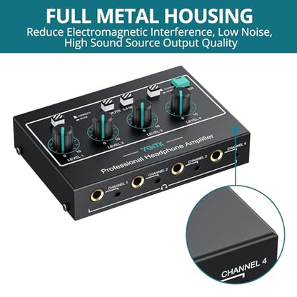 4 Channel Headphone Amplifier,Stereo Audio Amplifier Mixer with 3 Audio Inputs, Individual Mute & Volume Control, Mono/Stereo 1/4" & 1/8" TRS Output, Includes Power Adapter & Audio Cables - color: Black